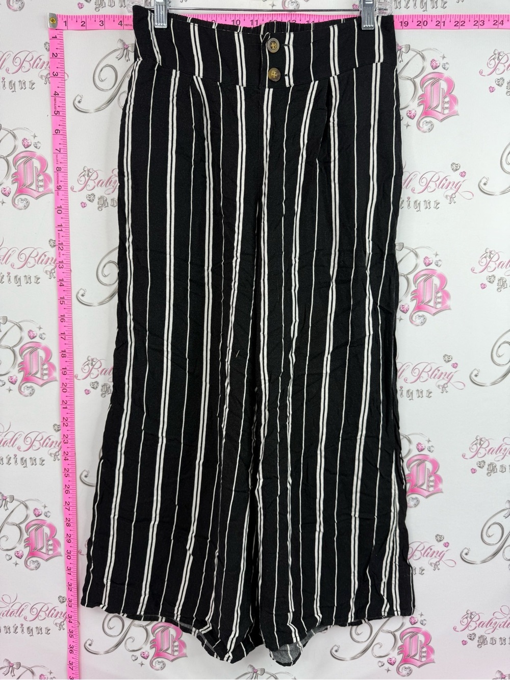 Hollister pants flowy Black Wide-Leg Pants with White Vertical Stripes